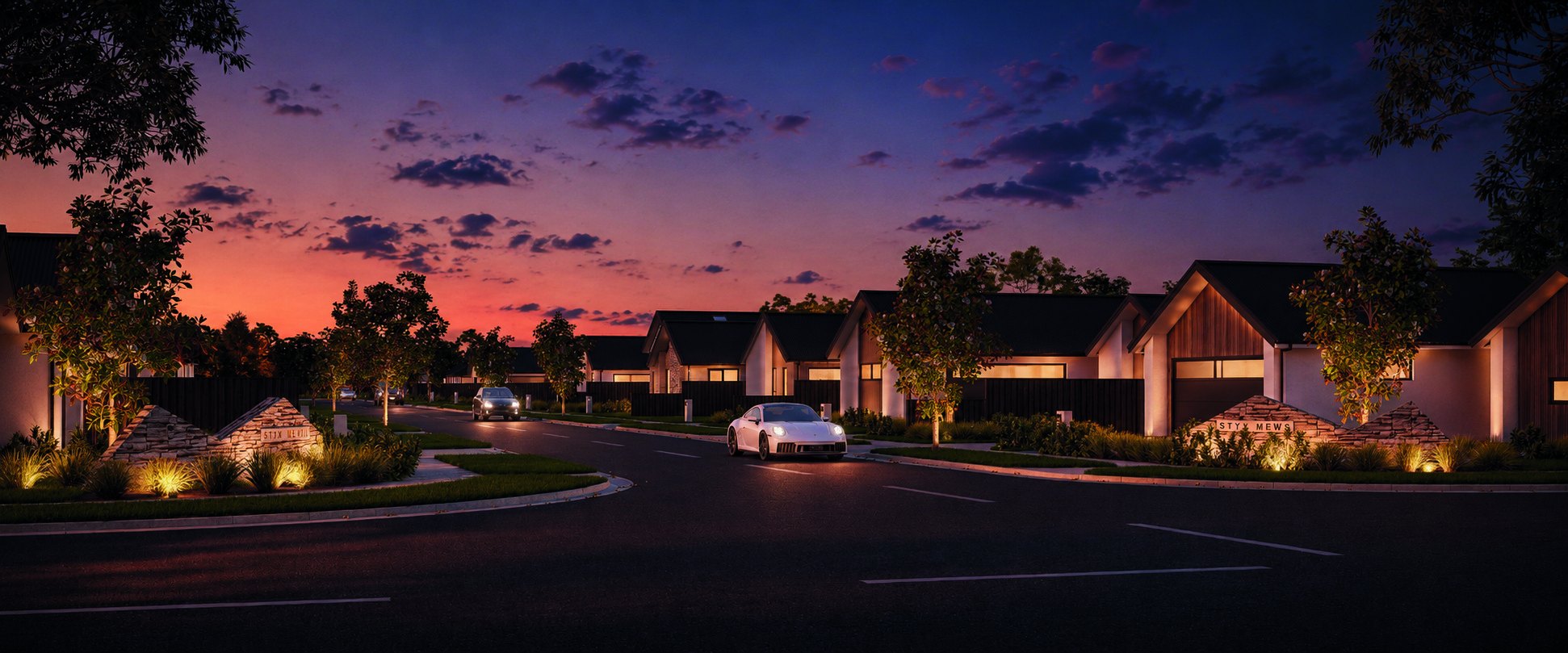 Artist's impression of Styx Mews at dusk — single-storey homes with lit windows
              along a tree-lined street under a red and violet sky.