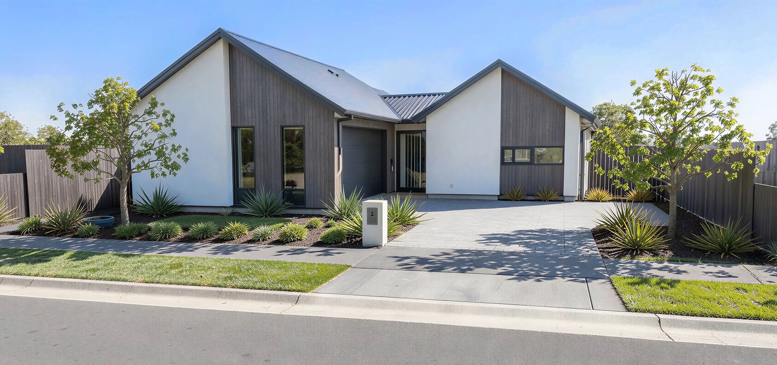 Artist's impression of a Styx Mews home — twin gables in white render and
                    vertical timber, with a paved drive and planted beds.